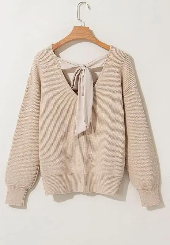 Tied Back V-Neck Long Sleeve Sweater - Love Salve